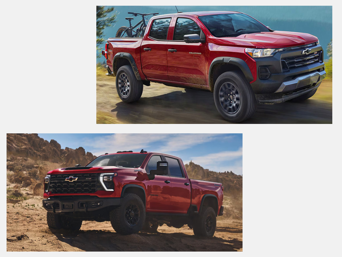 A collage containing images of a red 2025 Chevy Colorado and a red 2025 Chevy Silverado 2500